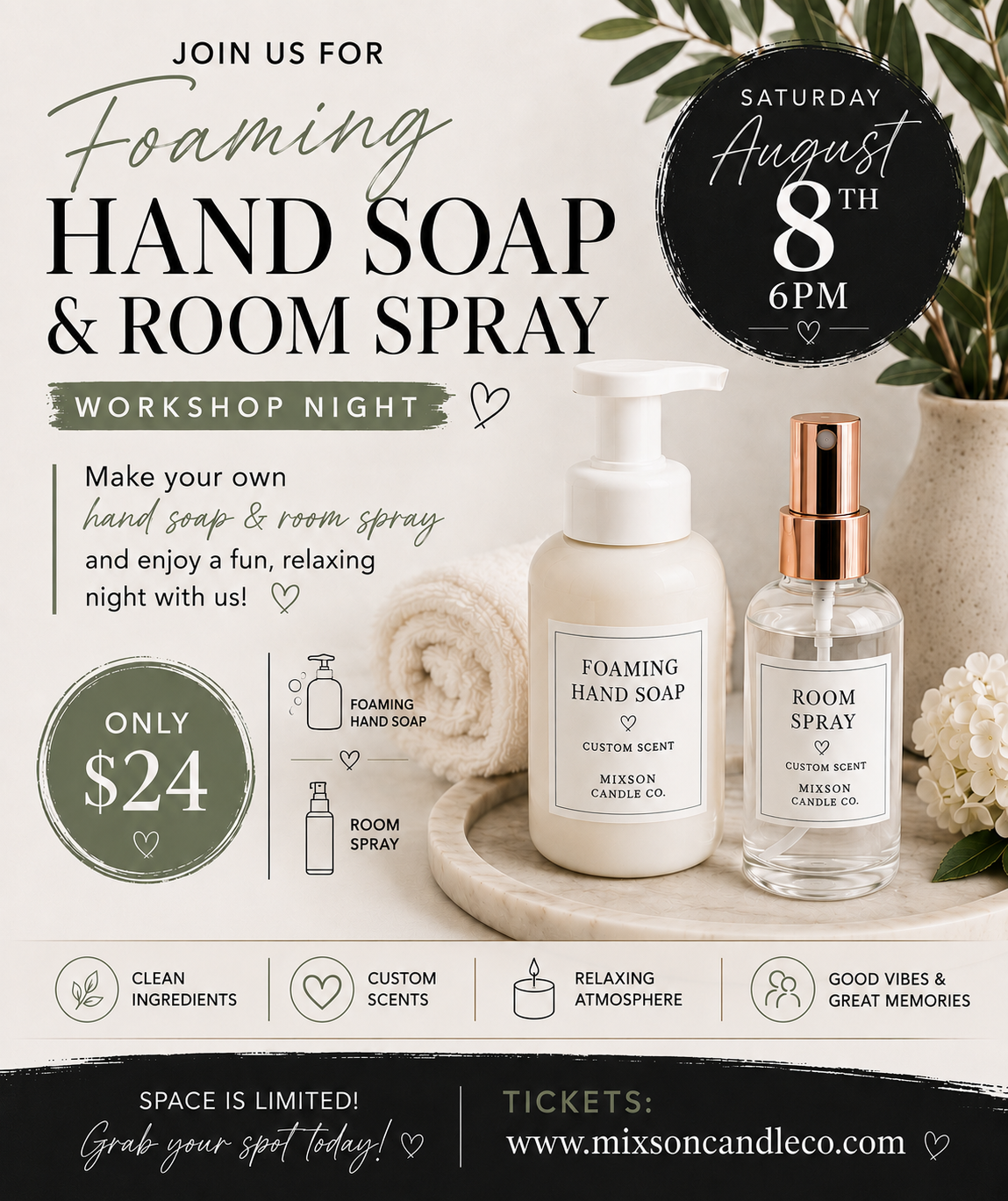 Make Your Own Foaming Hand Soap & Room Spray~ Saturday, August 8th 6pm