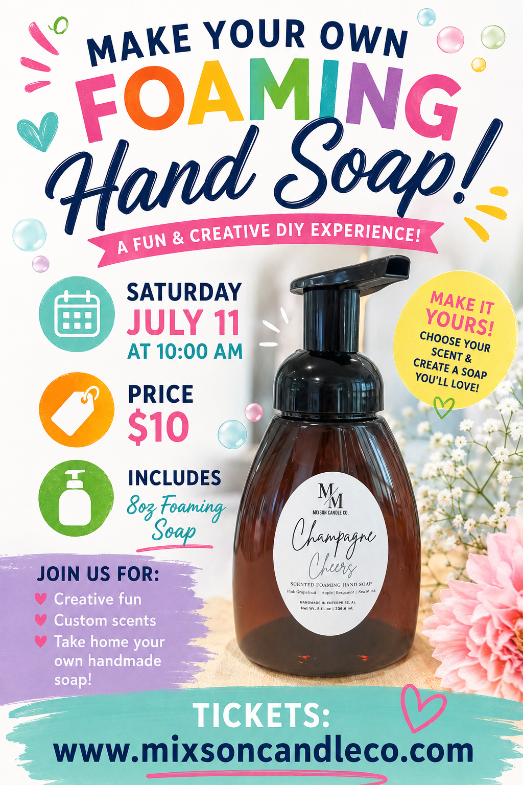 Foaming Hand Soap Workshop~ Saturday, July 11th at 10am